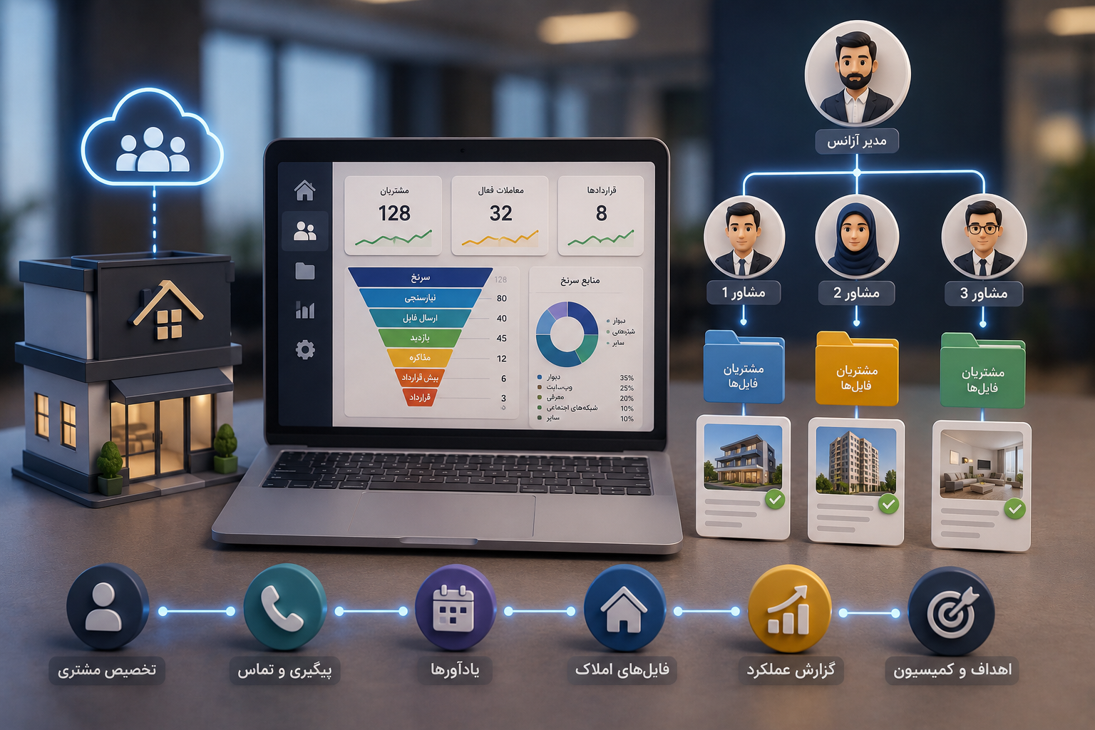 مدیریت آژانس املاک با CRM: راهنمای کامل تیم، فایل و عملکرد مشاوران