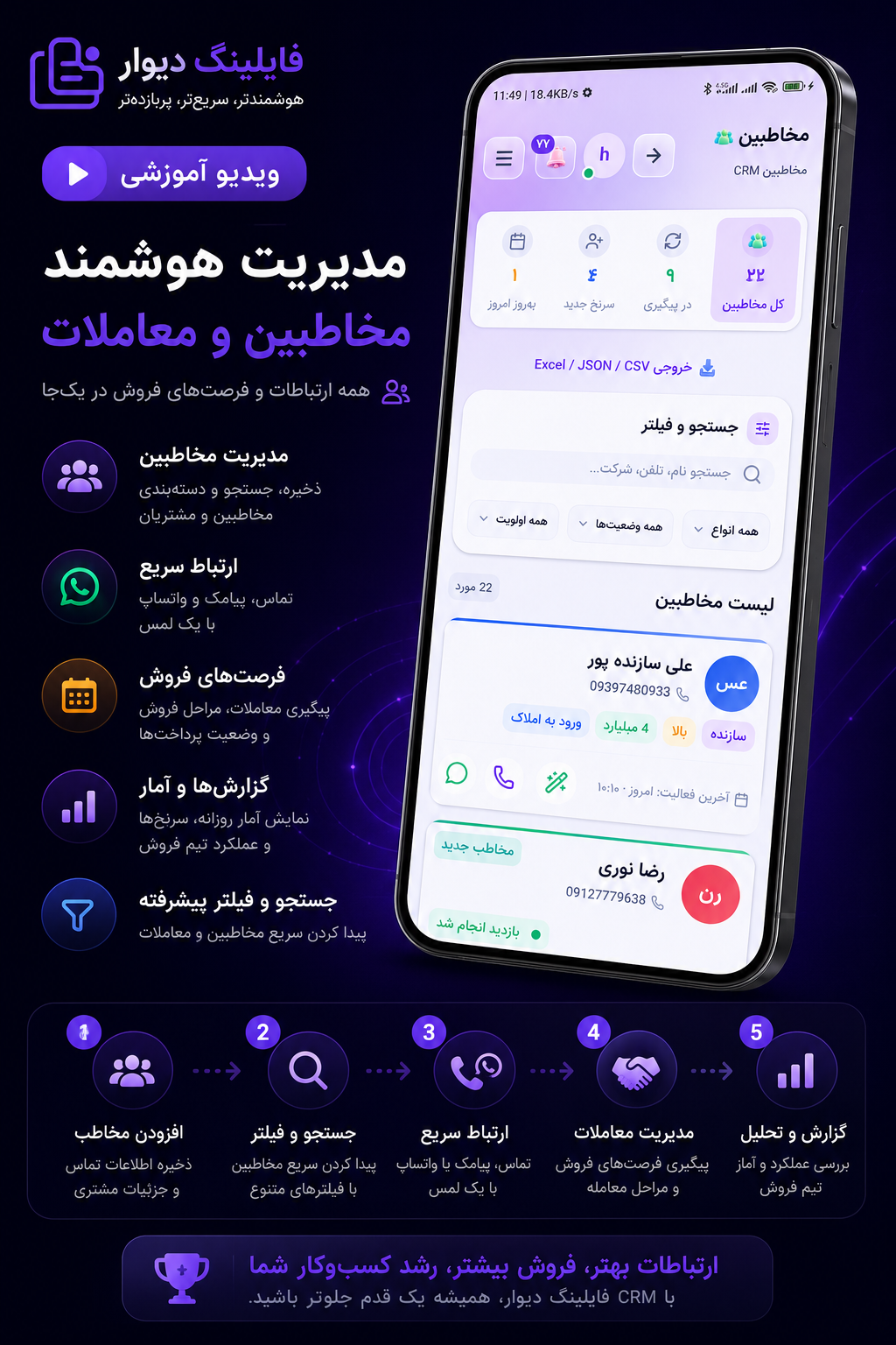 پیش‌نمایش: CRM موبایل — مشتری و معامله